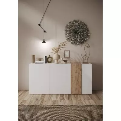 Buffet VENEZIA - Blanc laqué et chêne Cadiz - L 181 x P 44 x H 84 cm
