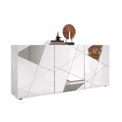 Buffet VICTORY 3 Portes Blanc Laqué Brillant - L181 cm