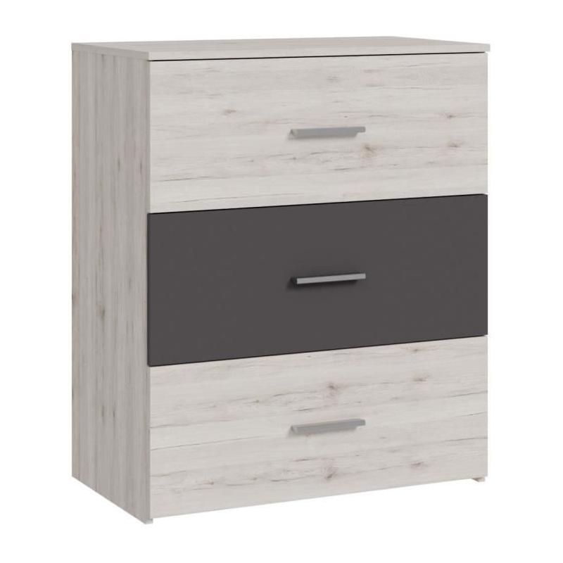 Commode ADRIA - 3 tiroirs - Chene cendré / Gris uni - 75,2 x 41,3 x 89,7 cm