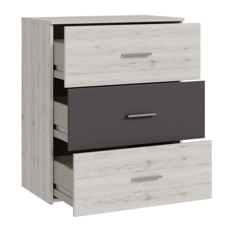 Commode ADRIA - 3 tiroirs - Chene cendré / Gris uni - 75,2 x 41,3 x 89,7 cm