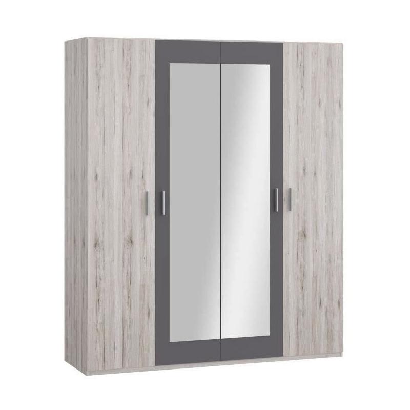 Armoire chambre ADRIA - Chene cendré / Gris foncé - 4 portes battantes