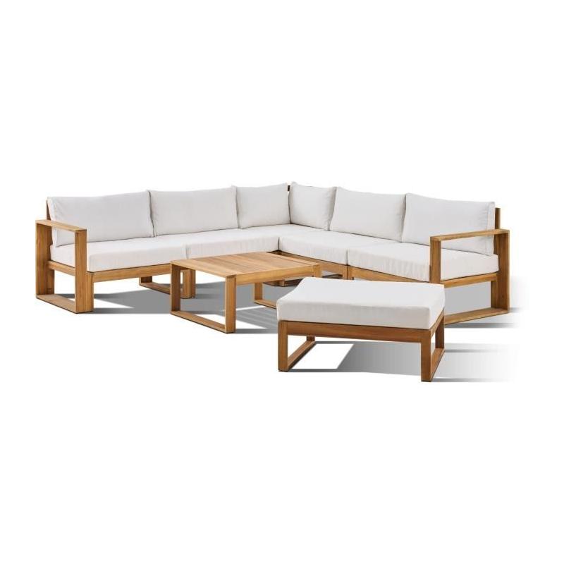 Salon de jardin d'angle modulable en acacia blanc cassé - 7 pers