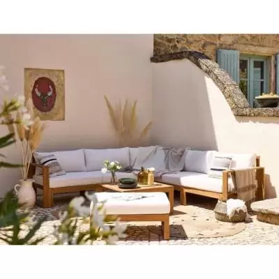 Salon de jardin d'angle modulable en acacia blanc cassé - 7 pers