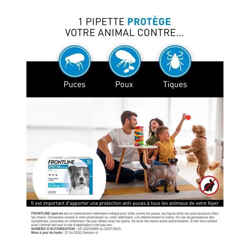 Protégez votre chien de 10 à 20 kg avec FRONTLINE 3 Pipettes Anti-Parasitaires - Puces, tiques, poux