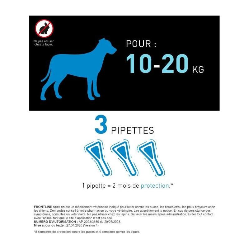 Protégez votre chien de 10 à 20 kg avec FRONTLINE 3 Pipettes Anti-Parasitaires - Puces, tiques, poux