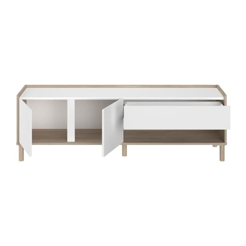 Meuble TV MORPHOS - Moderne et Pratique - Décor blanc / Chene - 150 x 47,3 x 40 cm