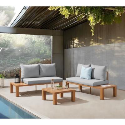 Salon de jardin canapé d'angle aluminium effet bois gris perle