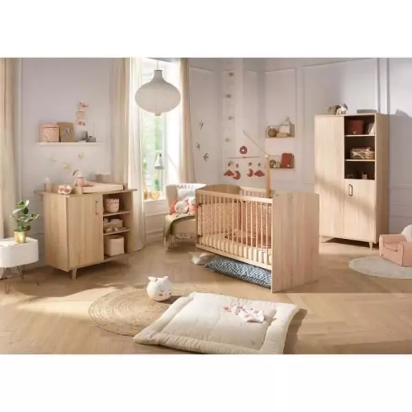 Chambre complete trio bébé - SAUTHON - Sam Chene doré - Lit bébé 120 x 60 cm, commode a langer et armoire
