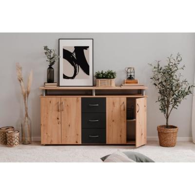 Buffet NEVADA: Style artisan en chêne et anthracite - 4 portes 3 tiroirs