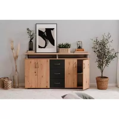 Buffet NEVADA: Style artisan en chêne et anthracite - 4 portes 3 tiroirs Buffet NEVADA: Style artisan en chêne et anthracite - 4 portes 3 tiroirs