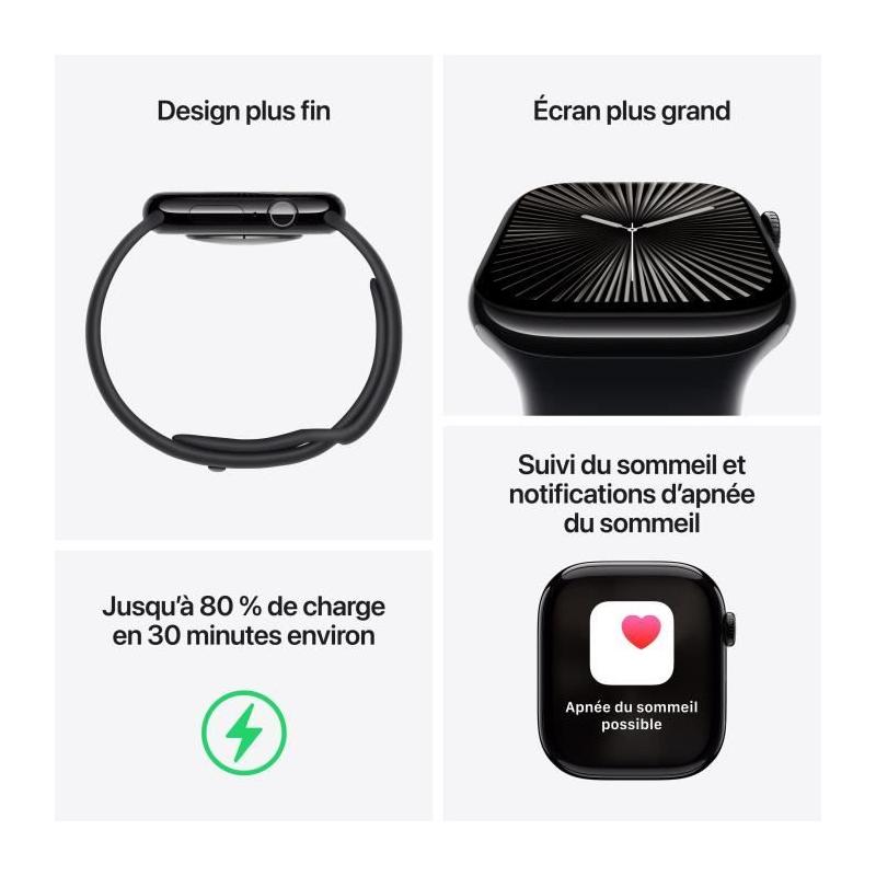 Apple Watch Series 10 GPS + Cellular - Boîtier Aluminium Jet Black - Bracelet Sport Noir - M/L