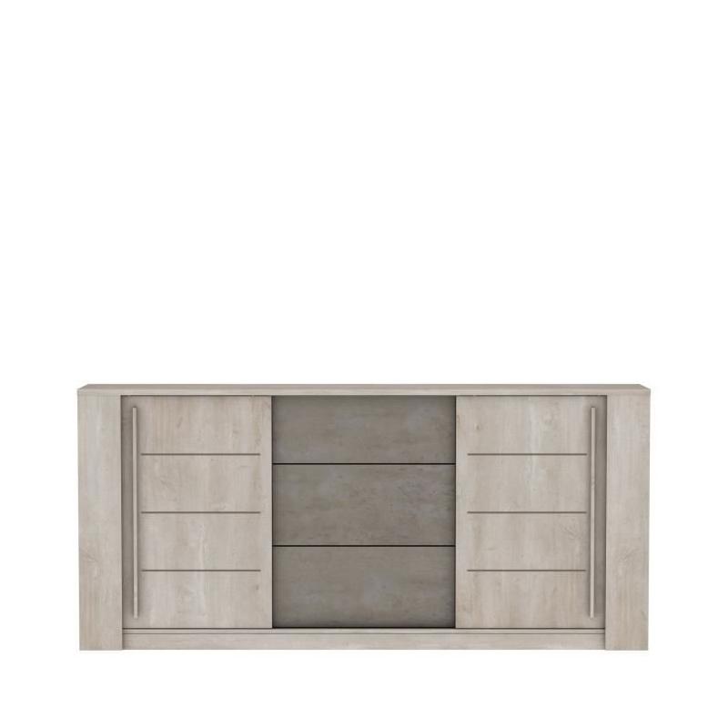 Enfilade ANTIBES 2 portes coulissantes + 3 tiroirs - Chene champagne et béton beige