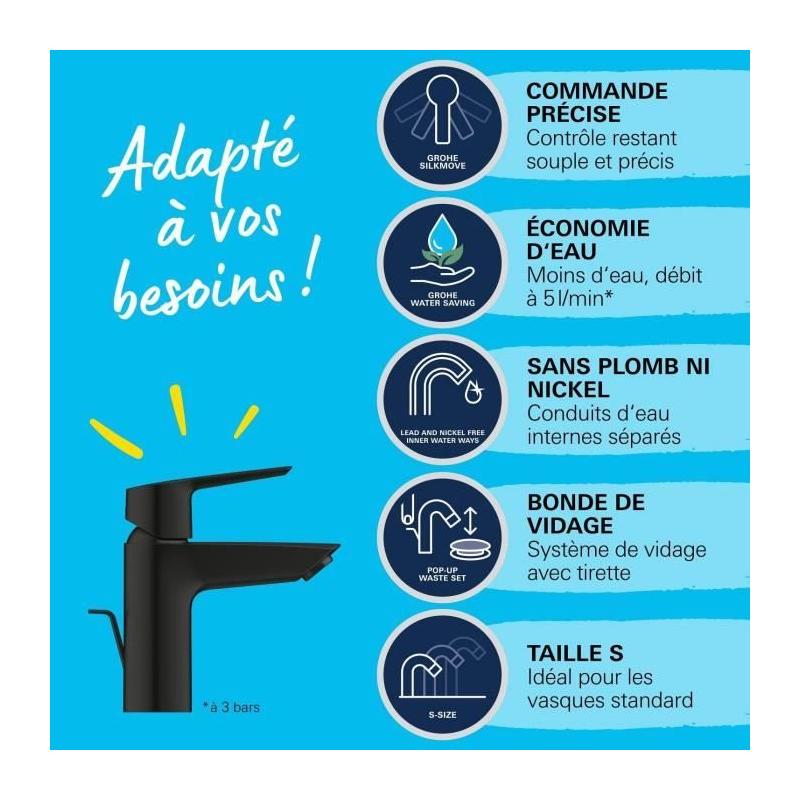 Mitigeur lavabo monocommande GROHE Start Noir mat - Taille S - Économie d'eau