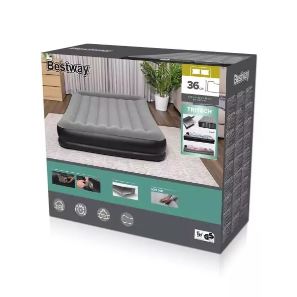 Bestway Matelas gonflable Tritech 2 places avec pompe électrique intégrée 2,03 m x 1,52 m x 36 cm