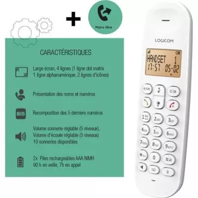 Téléphone fixe sans fil LOGICOM DECT ILOA 150 SOLO - Blanc - Compact et pratique