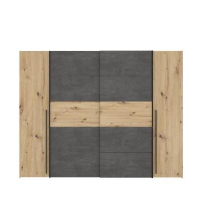 Armoire Chêne Artisan et Béton - 2 Portes Battantes + 2 Portes Coulissantes