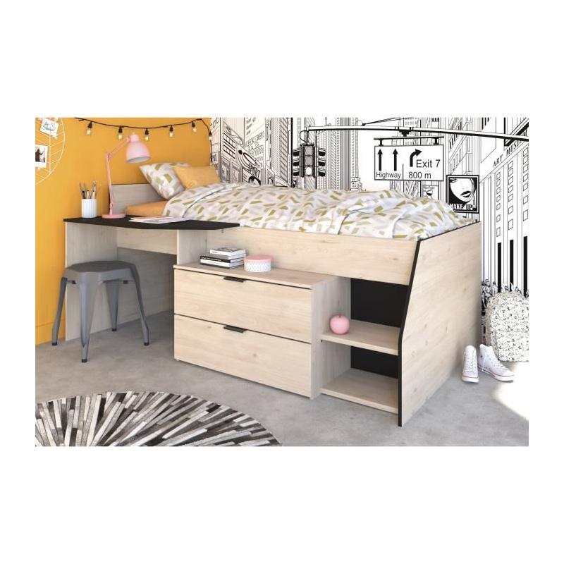 Lit Combiné enfant PARISOT Kim - Chene Jackson et Noir - 90x190/200 cm - Made in France