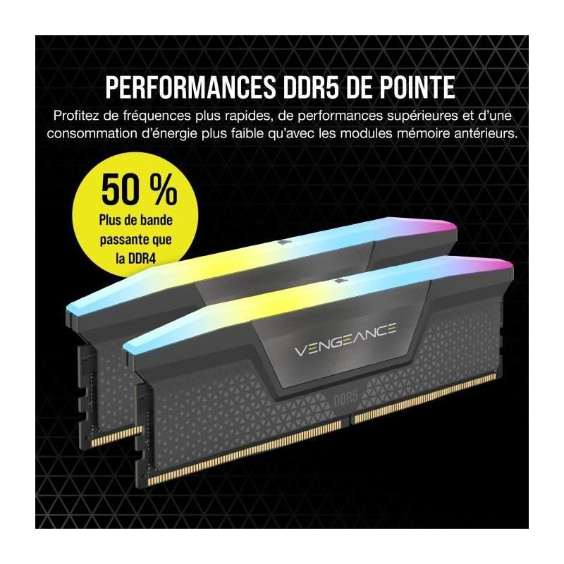 Mémoire RAM CORSAIR Vengeance RGB DDR5 64Go (2x32Go) 6000MHz - Gris