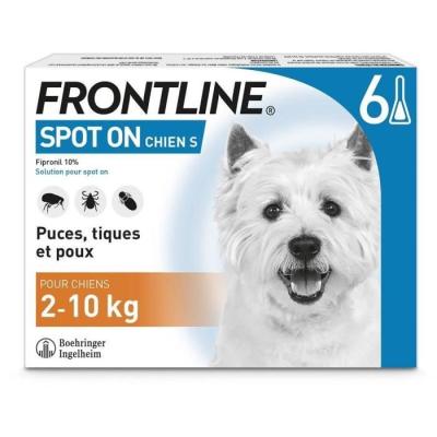 Protégez votre chien de 2 à 10 kg contre les puces, tiques et poux avec FRONTLINE 6 pipettes Spot On S - Livraison compacte