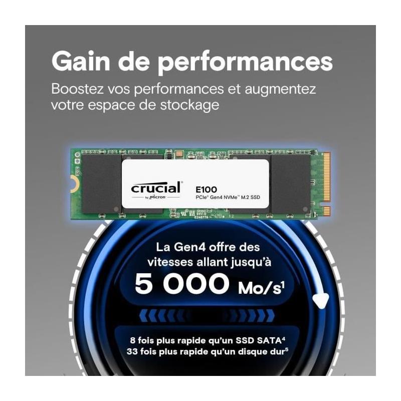 SSD interne CRUCIAL E100 1 To PCIe Gen4 NVMe M.2 - Jusqu'à 5000 Mo/s