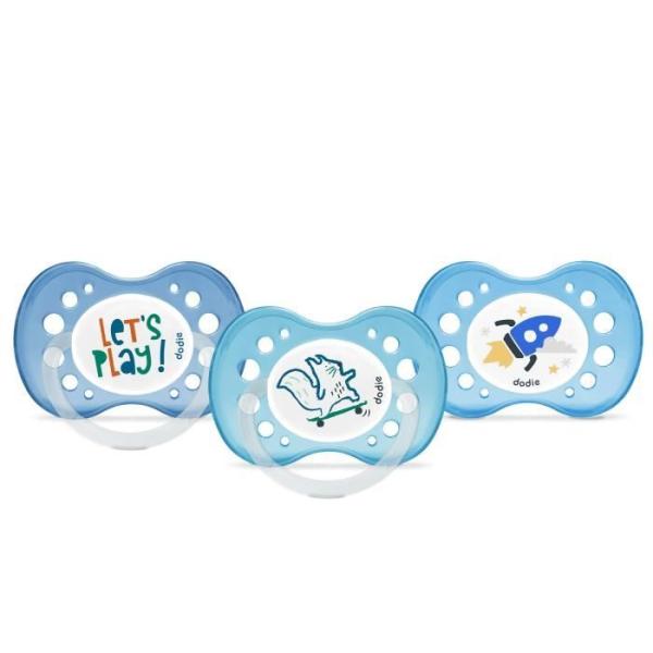 DODIE Sucettes Anatomiques +18 Mois sans BPA, Résistante -Let's Play/Ecureuil/Fusée NUIT- Lot de 3