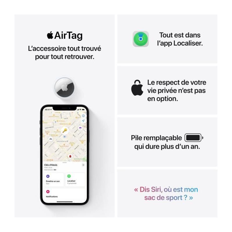 Pack de 4 AirTag : Suivez facilement vos objets du quotidien
