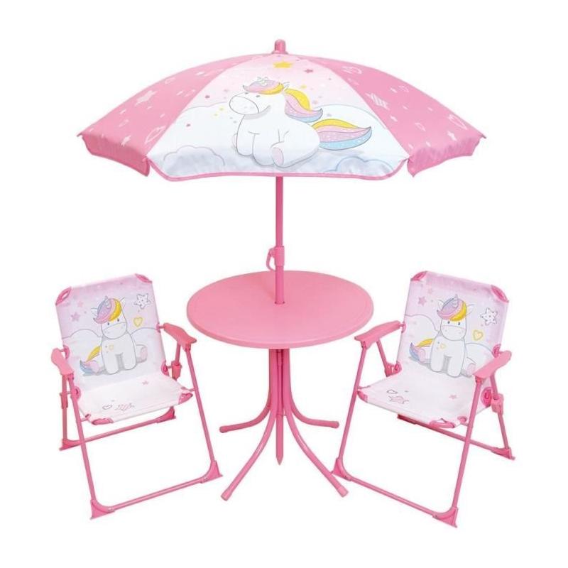 Salon de jardin Licorne Fun House avec table, chaises pliantes et parasol - MAISONNETTE