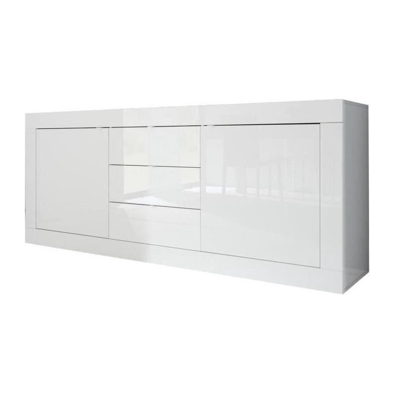 Buffet BASICO 2 Portes 3 Tiroirs Blanc Laqué Brillant - L210xP42xH85,8 cm