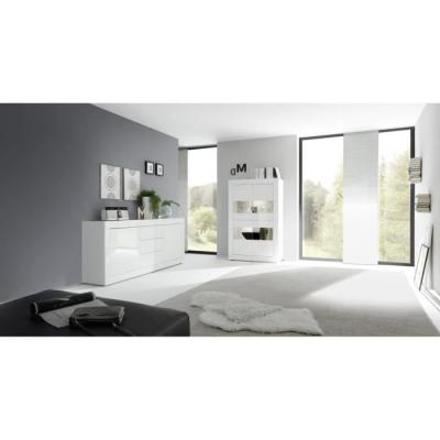 Buffet BASICO 2 Portes 3 Tiroirs Blanc Laqué Brillant - L210xP42xH85,8 cm