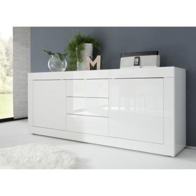 Buffet BASICO 2 Portes 3 Tiroirs Blanc Laqué Brillant - L210xP42xH85,8 cm
