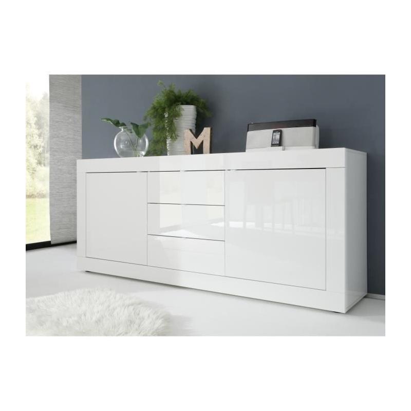 Buffet BASICO 2 Portes 3 Tiroirs Blanc Laqué Brillant - L210xP42xH85,8 cm