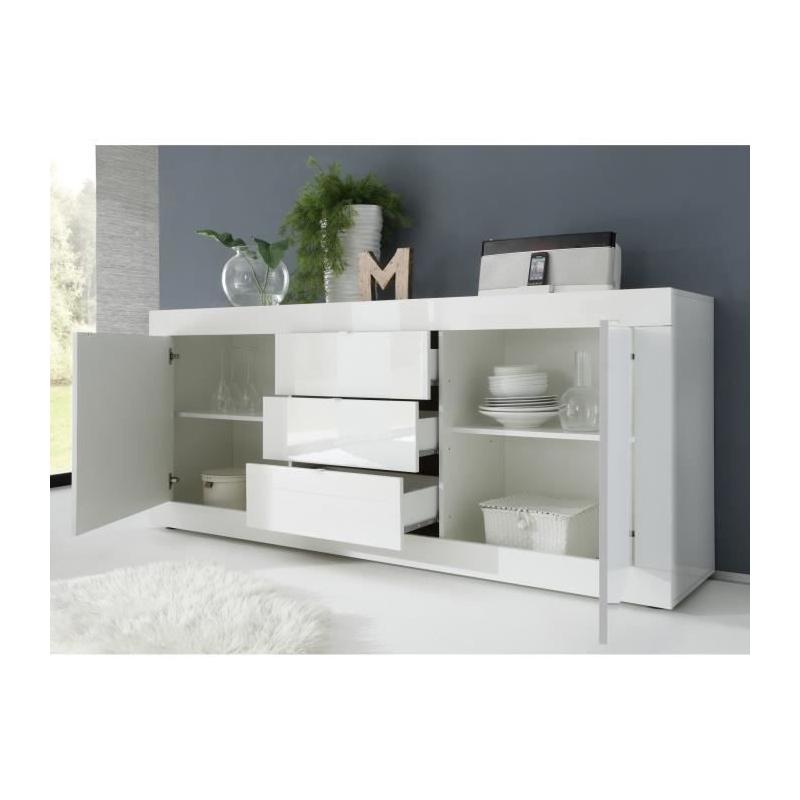 Buffet BASICO 2 Portes 3 Tiroirs Blanc Laqué Brillant - L210xP42xH85,8 cm
