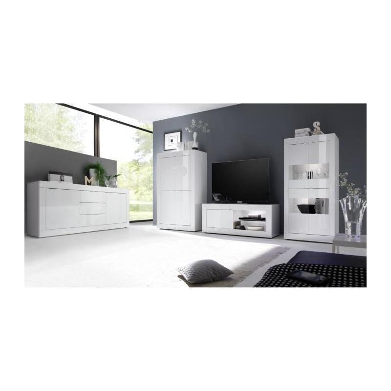 Buffet BASICO 2 Portes 3 Tiroirs Blanc Laqué Brillant - L210xP42xH85,8 cm