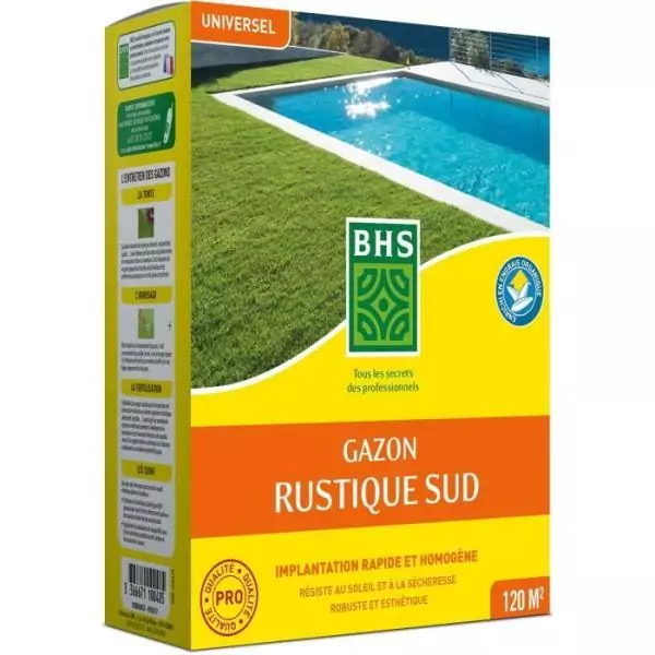 Gazon - BHS - Gazon Rustique Sud - 1kg, 40 m². Résistant aux conditions seches grâce a la fétuque élevée. Rapide et homoge