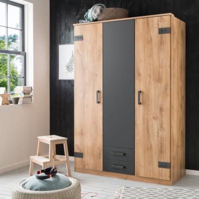 Armoire de chambre CORFOU - Chêne poutre / Graphite - 135 x 58 x 199 cm