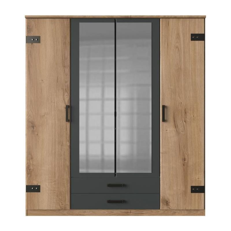 Armoire de chambre CORFOU 4 portes 2 miroirs Chêne poutre / Graphite