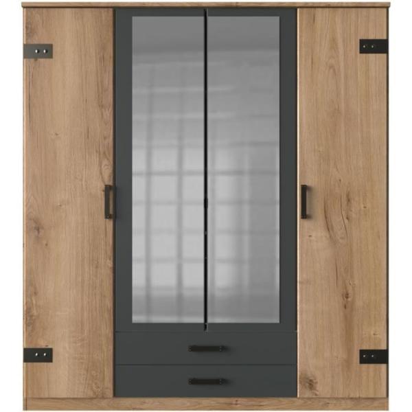 Armoire CORFOU - Décor Chene et gris anthracite + Miroirs - 4 portes battantes - 2 tiroirs - L180 x P58 x H199 cm