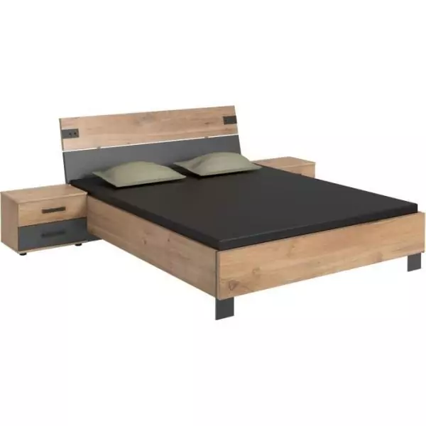 Lit avec paire de chevet a 2 tiroirs - LAMIA - 140 x 200 cm - Chene poutre / Graphite - WIMEX