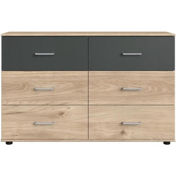 Commode - RHODES - 6 tiroirs - Chene Hickory et gris - 130 x 41 x 83 cm - WIMEX