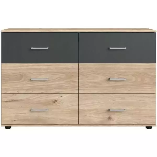 Commode - RHODES - 6 tiroirs - Chene Hickory et gris - 130 x 41 x 83 cm - WIMEX