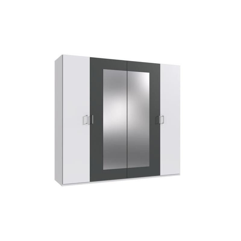 Armoire chambre RHODES Blanc/Graphite 4 portes 2 miroirs - 225x58x208 cm