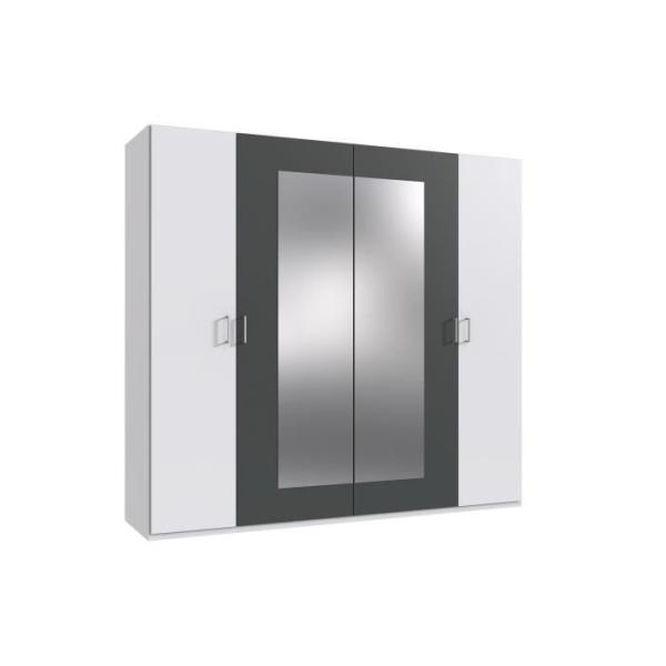Armoire RHODES - 4 portes + miroirs - Décor Blanc et gris - L225 x P58 x H208 cm