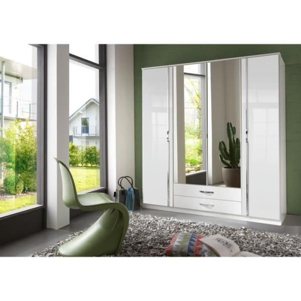 Armoire 4 portes battantes + miroirs - Blanc brillant - L180 x P56 x H199 cm - TRIO