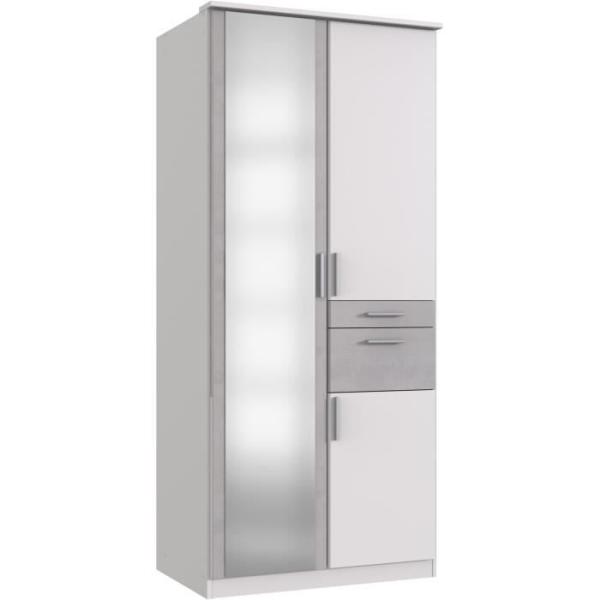 Armoire de chambre - VOLOS - Blanc / Béton gris clair - 3 portes - 1 porte miroir - 2 tiroirs - 90 x 58 x 199 cm