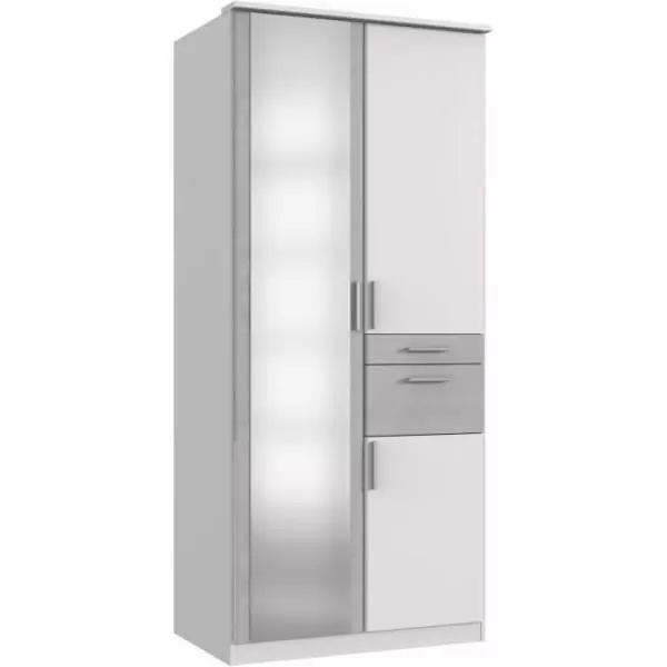 Armoire de chambre - VOLOS - Blanc / Béton gris clair - 3 portes - 1 porte miroir - 2 tiroirs - 90 x 58 x 199 cm