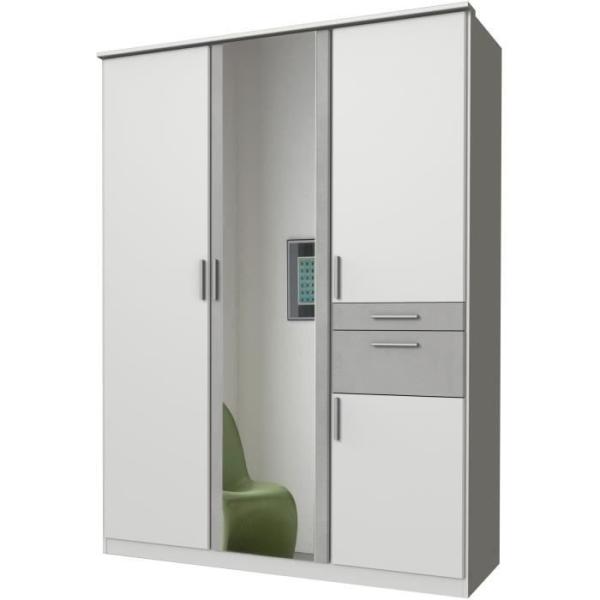 Armoire de chambre - VOLOS - Blanc / Béton gris clair - 4 portes - 1 porte miroir - 2 tiroirs - 135 x 58 x 199 cm