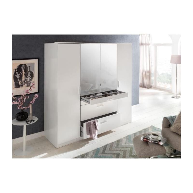 Armoire de chambre blanche 4 portes - 2 miroirs - 4 tiroirs