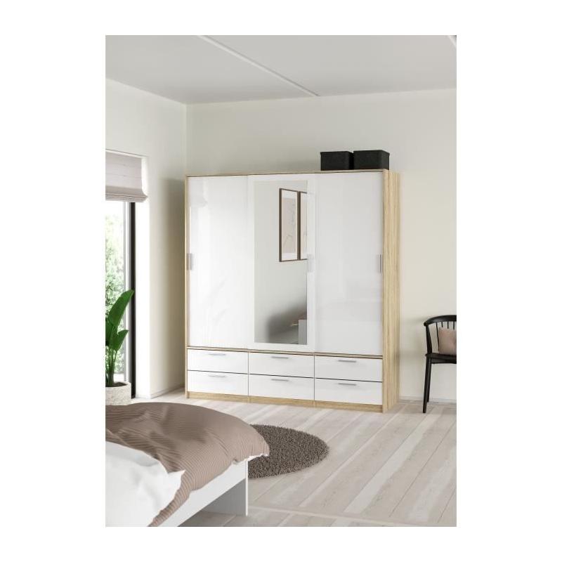 Armoire de chambre ONTARIO - 3 portes - 6 tiroirs - Blanc brillant / Chene