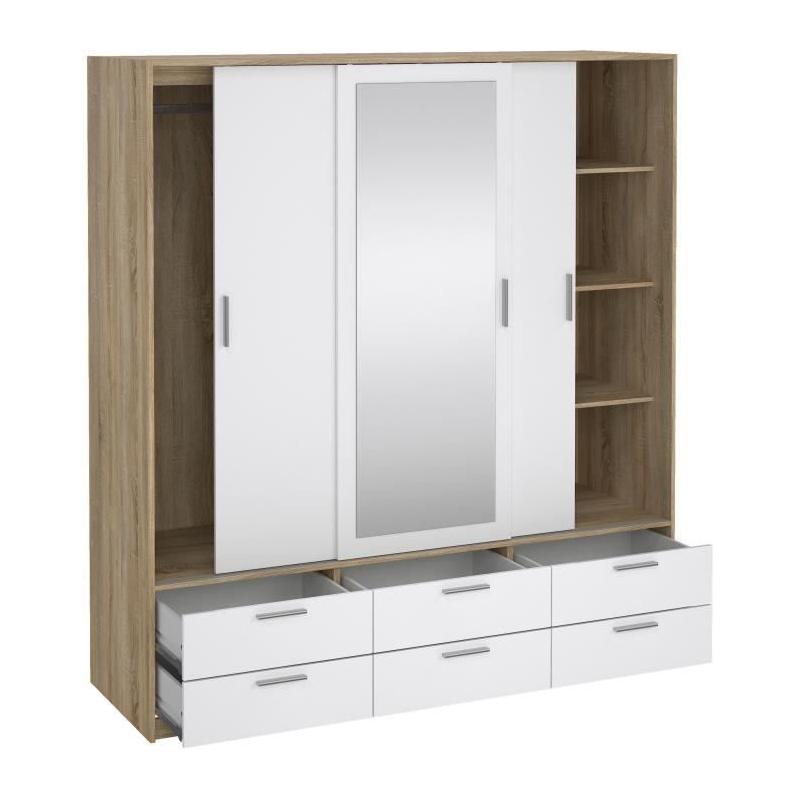 Armoire de chambre ONTARIO - 3 portes - 6 tiroirs - Blanc brillant / Chene