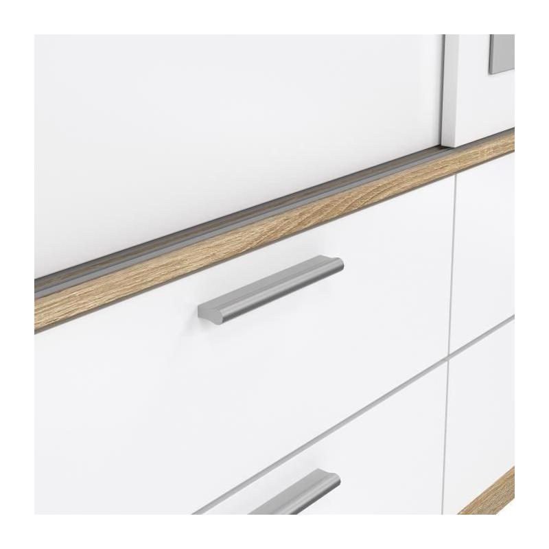 Armoire de chambre ONTARIO - 3 portes - 6 tiroirs - Blanc brillant / Chene